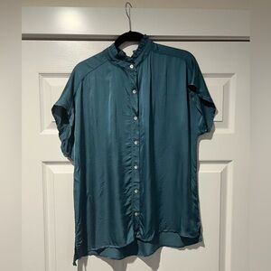 XCVI Teal Blouse with Ruffled Collar